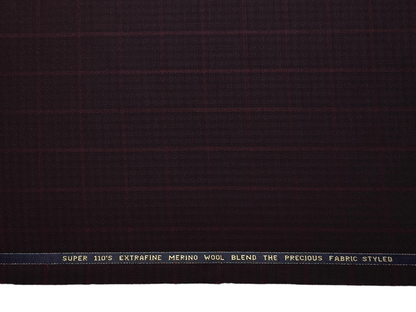 Georgia Gullini Italy Elberta Super 110s Merino Wool Blended Premium Suiting Fabric (Dark Burgandy, Patterned Checks)