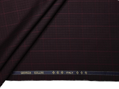 Georgia Gullini Italy Elberta Super 110s Merino Wool Blended Premium Suiting Fabric (Dark Burgandy, Patterned Checks)