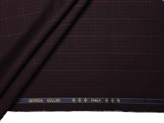 Georgia Gullini Italy Elberta Super 110s Merino Wool Blended Premium Suiting Fabric (Dark Burgandy, Patterned Checks)