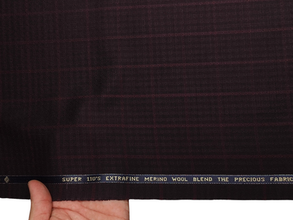 Georgia Gullini Italy Elberta Super 110s Merino Wool Blended Premium Suiting Fabric (Dark Burgandy, Patterned Checks)