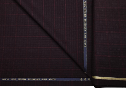 Georgia Gullini Italy Elberta Super 110s Merino Wool Blended Premium Suiting Fabric (Dark Burgandy, Patterned Checks)