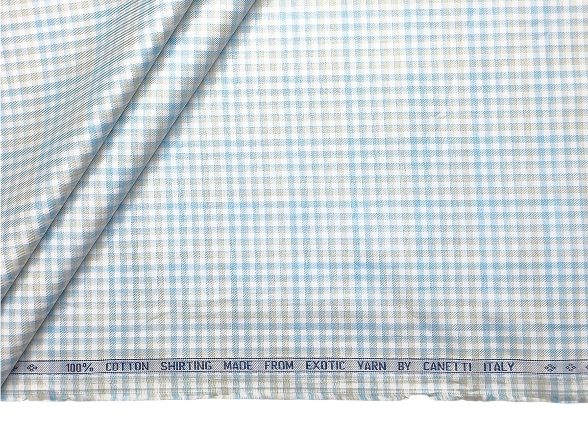 Canetti Italy 100% Premium Cotton Shirting Fabric (Teal Blue & Yellow, Checks)