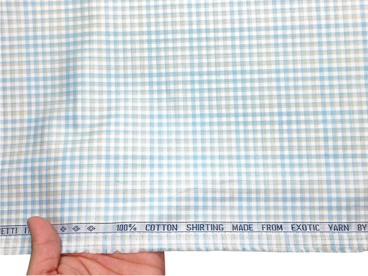 Canetti Italy 100% Premium Cotton Shirting Fabric (Teal Blue & Yellow, Checks)