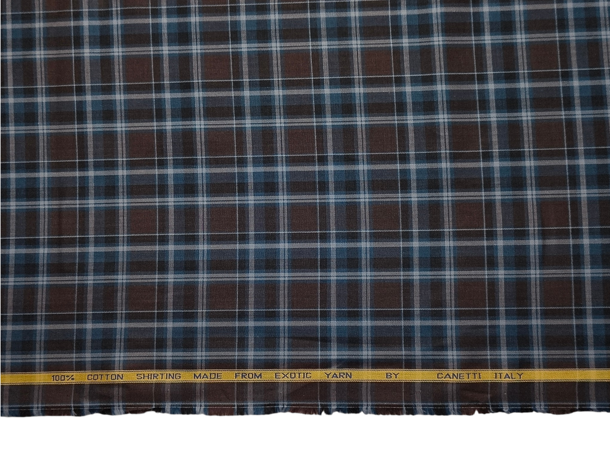 Canetti Italy 100% Premium Cotton Shirting Fabric (Blue & Coffee, Checks)