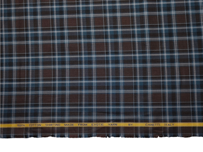 Canetti Italy 100% Premium Cotton Shirting Fabric (Blue & Coffee, Checks)