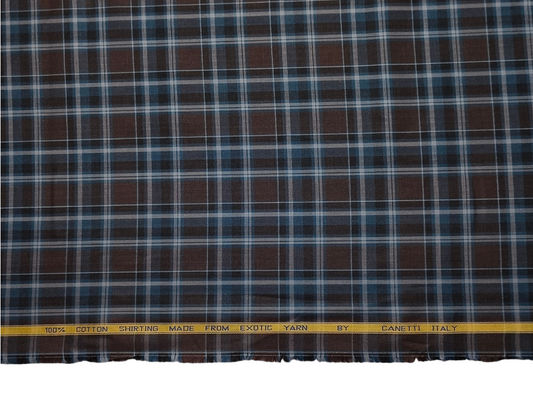 Canetti Italy 100% Premium Cotton Shirting Fabric (Blue & Coffee, Checks)