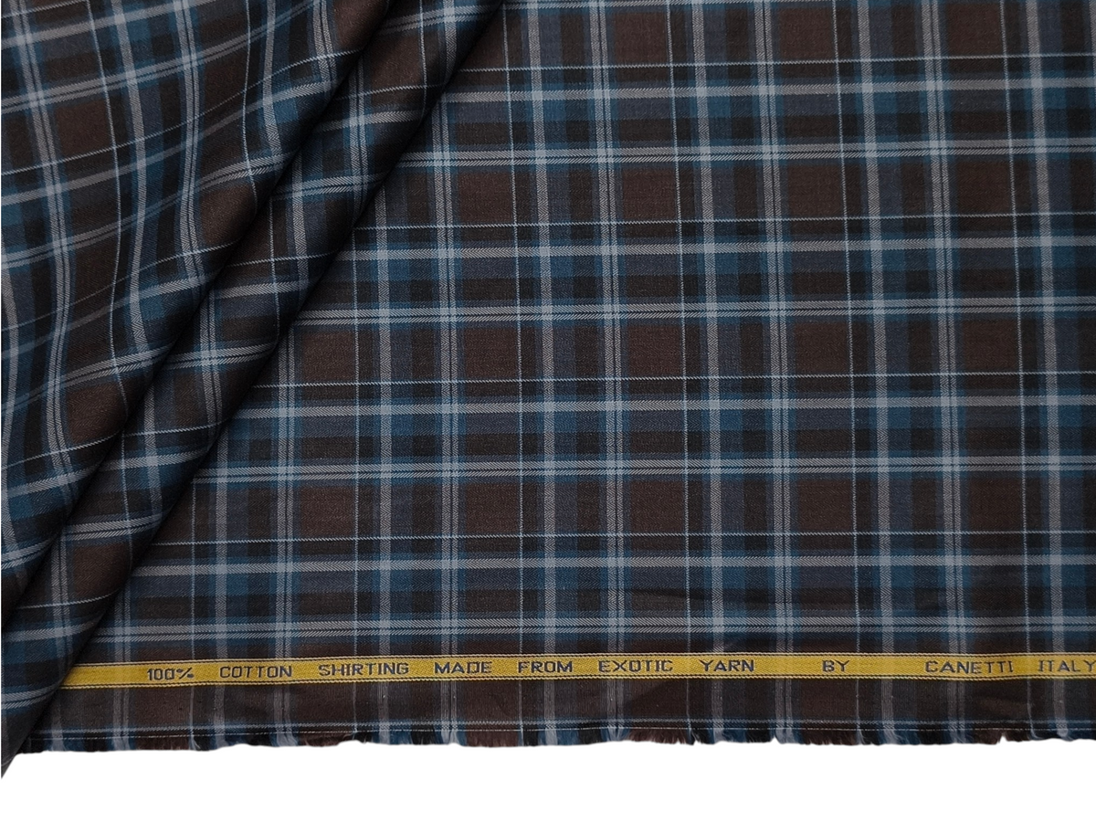 Canetti Italy 100% Premium Cotton Shirting Fabric (Blue & Coffee, Checks)