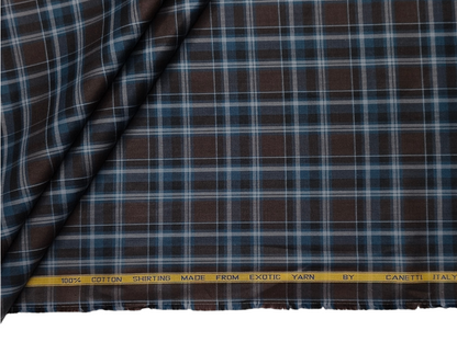 Canetti Italy 100% Premium Cotton Shirting Fabric (Blue & Coffee, Checks)