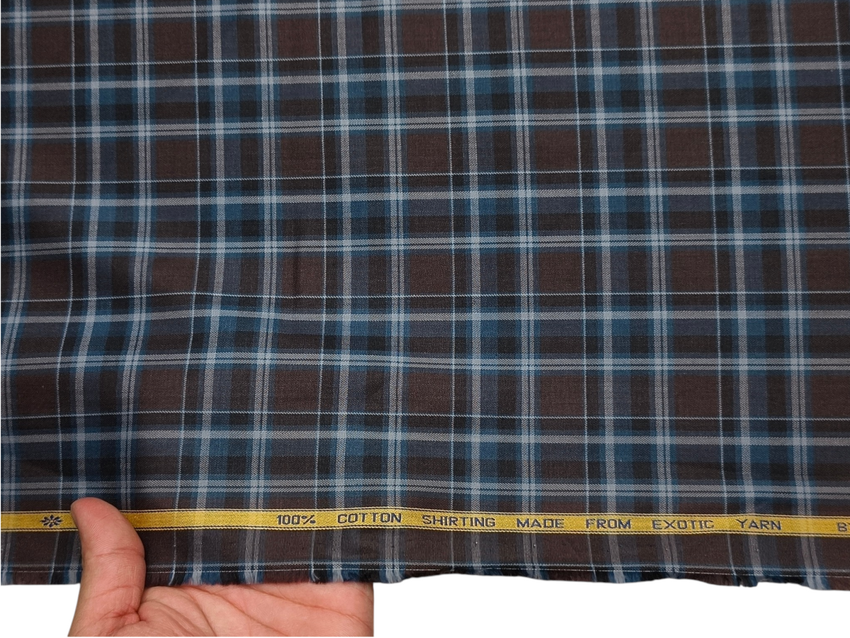 Canetti Italy 100% Premium Cotton Shirting Fabric (Blue & Coffee, Checks)