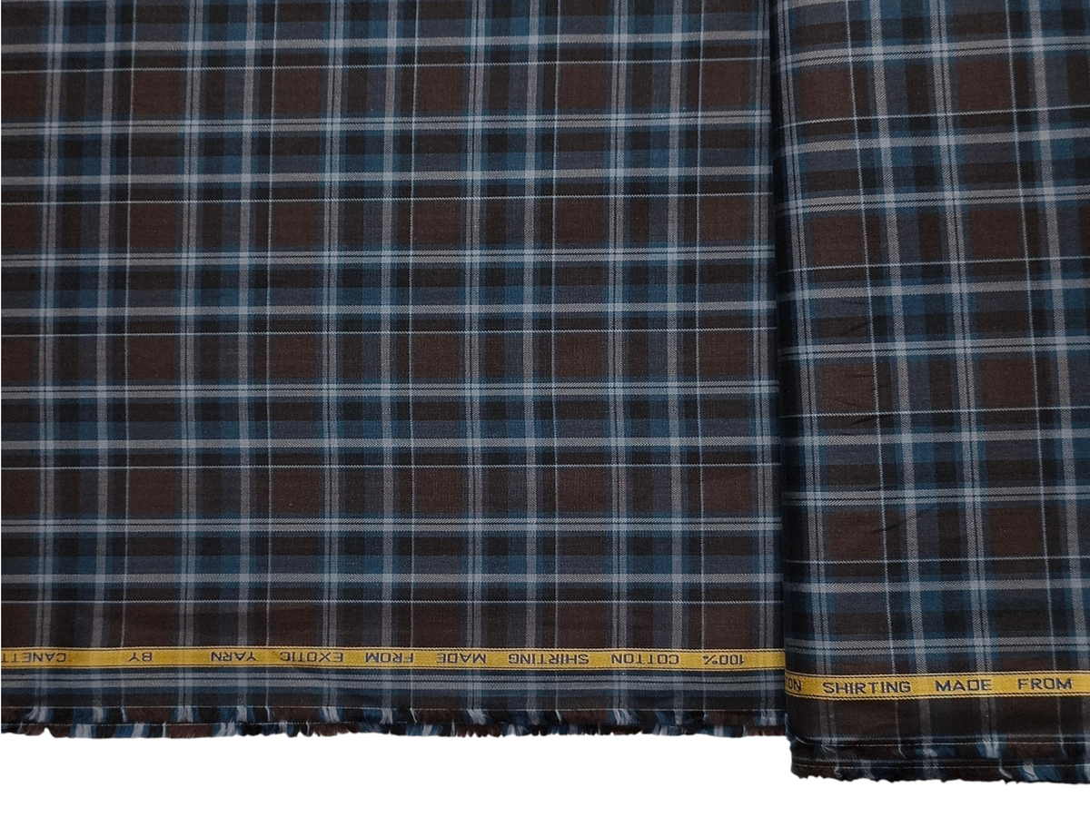 Canetti Italy 100% Premium Cotton Shirting Fabric (Blue & Coffee, Checks)