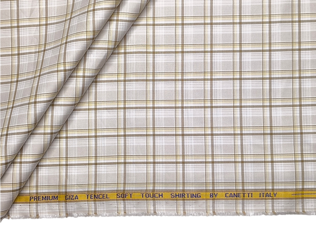 Canetti Italy Premium Tencel Giza Soft Touch Shirting Fabric (Yellow , Beige & Brown, Checks)