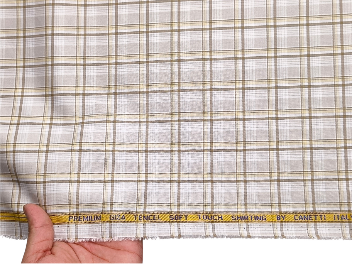 Canetti Italy Premium Tencel Giza Soft Touch Shirting Fabric (Yellow , Beige & Brown, Checks)