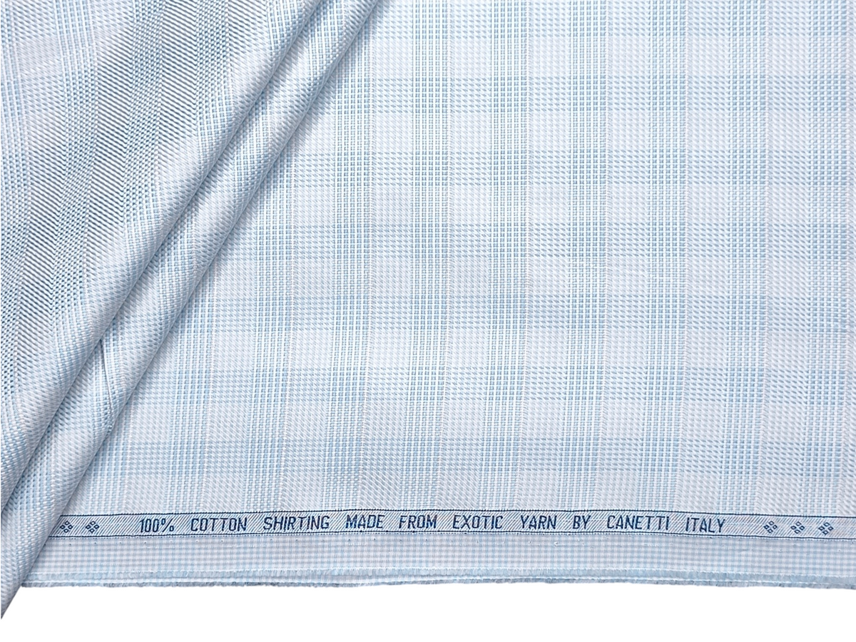 Canetti Italy 100% Premium Cotton Shirting Fabric (Sky Blue , Patterned Checks)