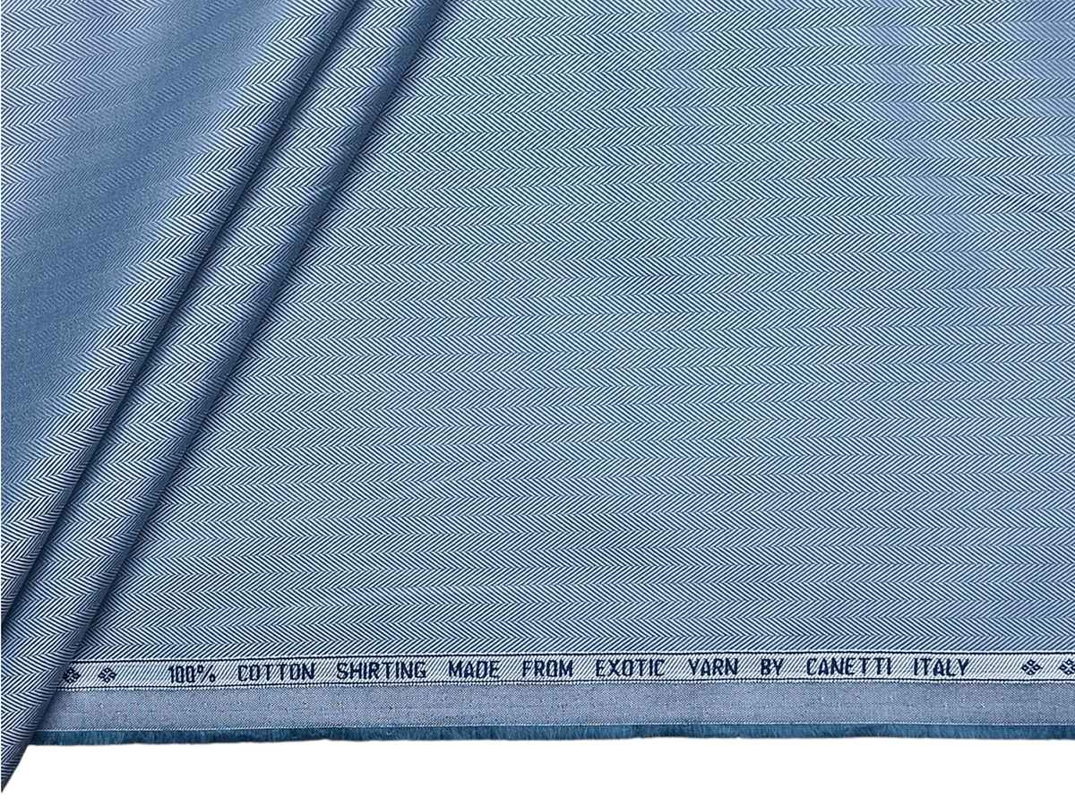 Canetti Italy 100% Premium Cotton Shirting Fabric (Subtle Blue, Herringbone)