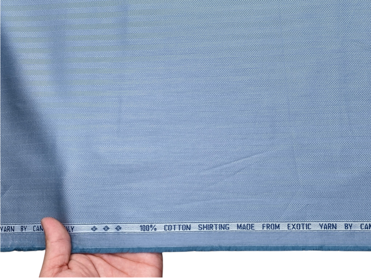 Canetti Italy 100% Premium Cotton Shirting Fabric (Subtle Blue, Herringbone)