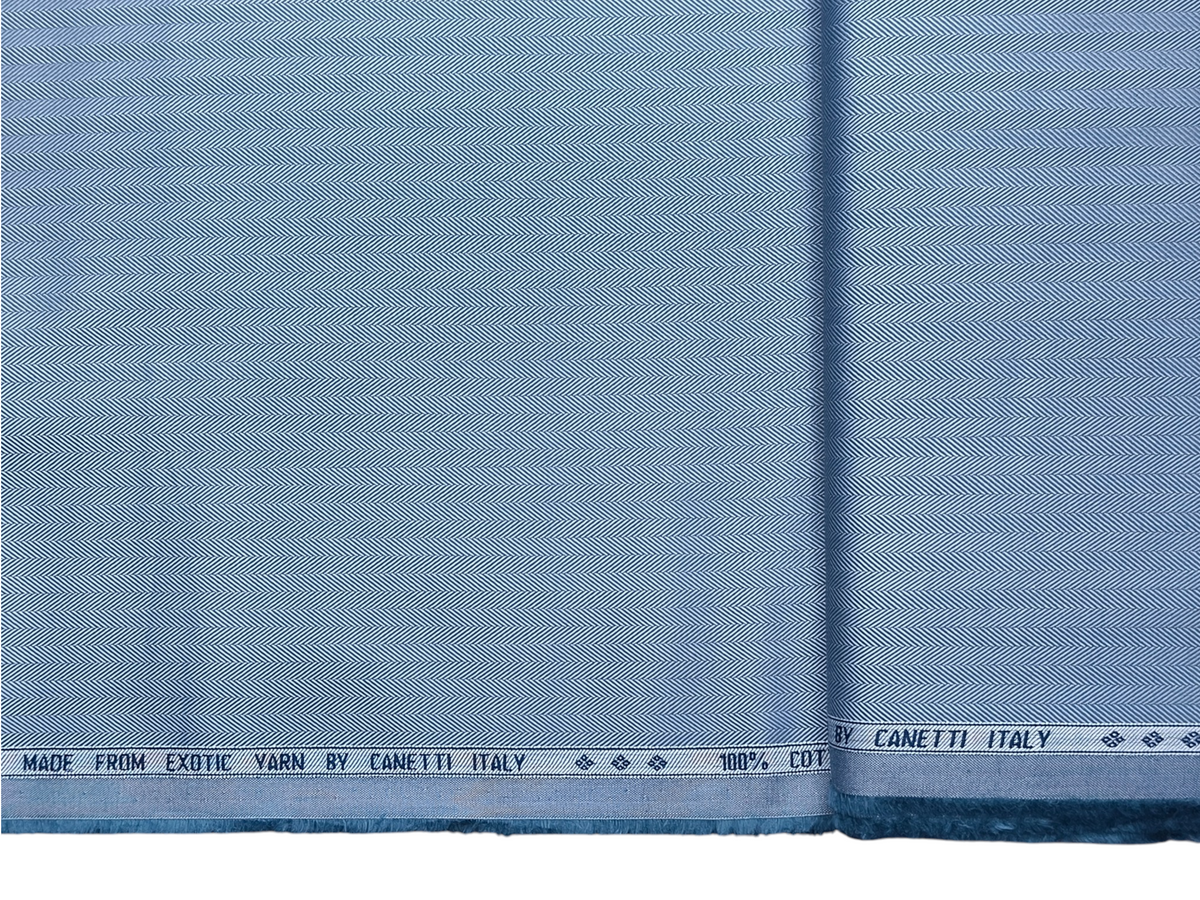 Canetti Italy 100% Premium Cotton Shirting Fabric (Subtle Blue, Herringbone)