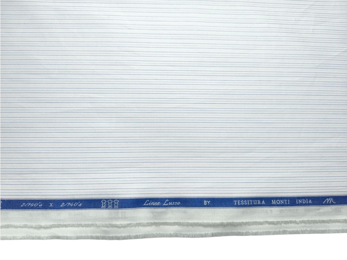 Tessitura Monti 2/140s Premium Supima Cotton Shirting Fabric (White & Blue, Stripes)