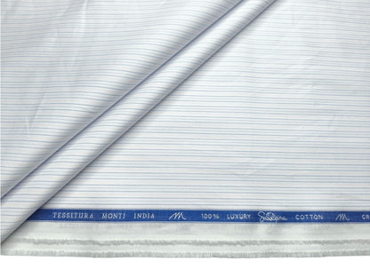 Tessitura Monti 2/140s Premium Supima Cotton Shirting Fabric (White & Blue, Stripes)