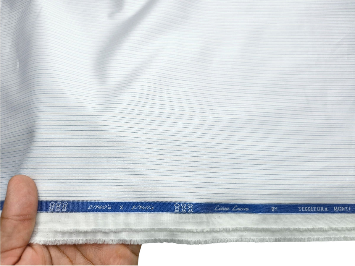 Tessitura Monti 2/140s Premium Supima Cotton Shirting Fabric (White & Blue, Stripes)