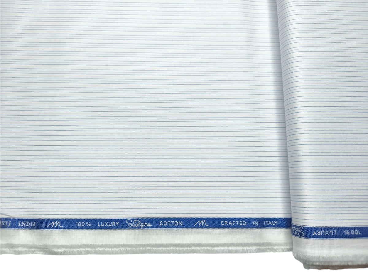 Tessitura Monti 2/140s Premium Supima Cotton Shirting Fabric (White & Blue, Stripes)