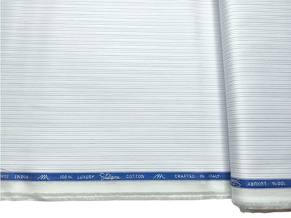Tessitura Monti 2/140s Premium Supima Cotton Shirting Fabric (White & Blue, Stripes)
