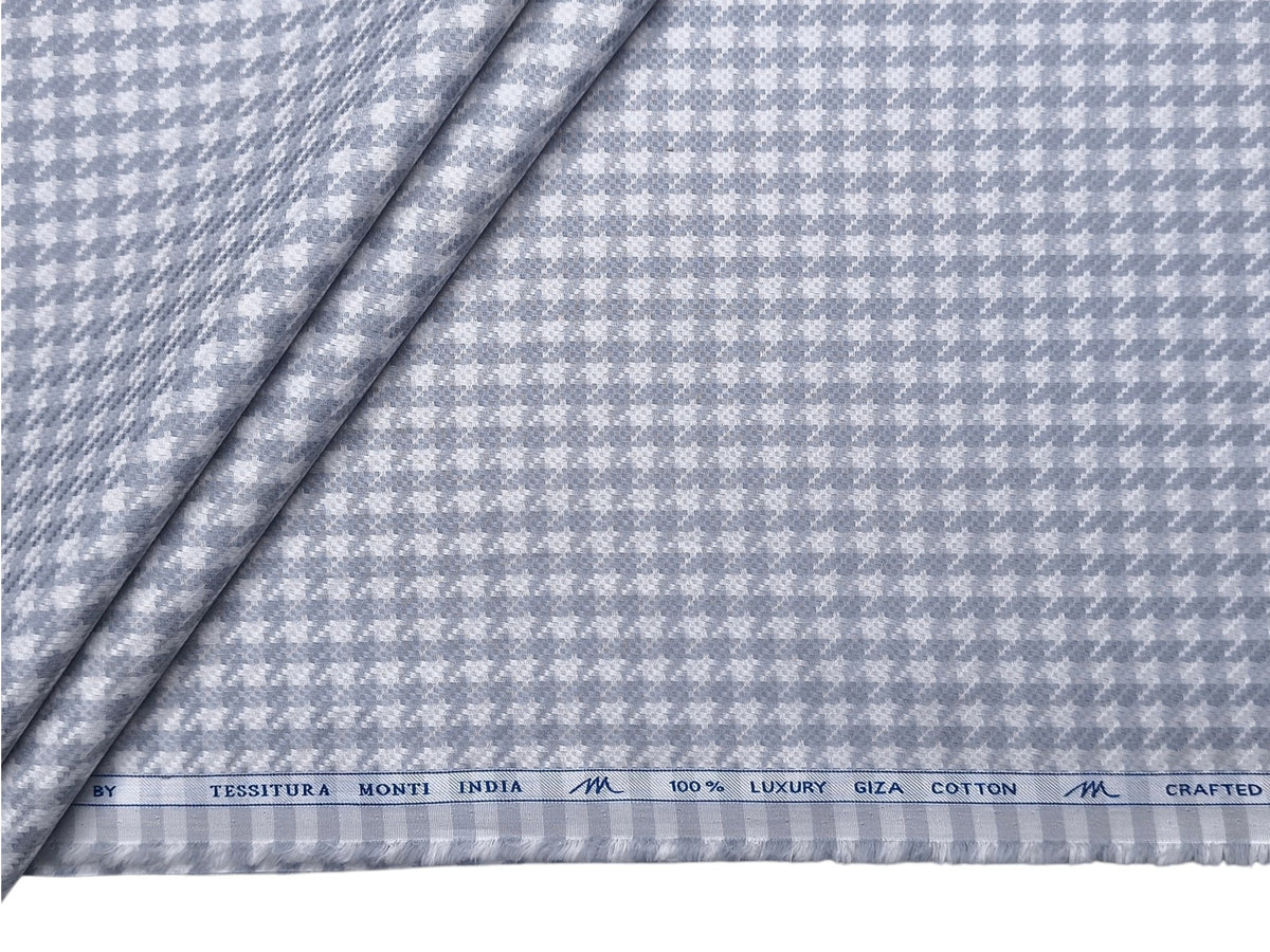 Tessitura Monti 100% Premium Giza Cotton Shirting Fabric (White & Grey, Patterned Checks)