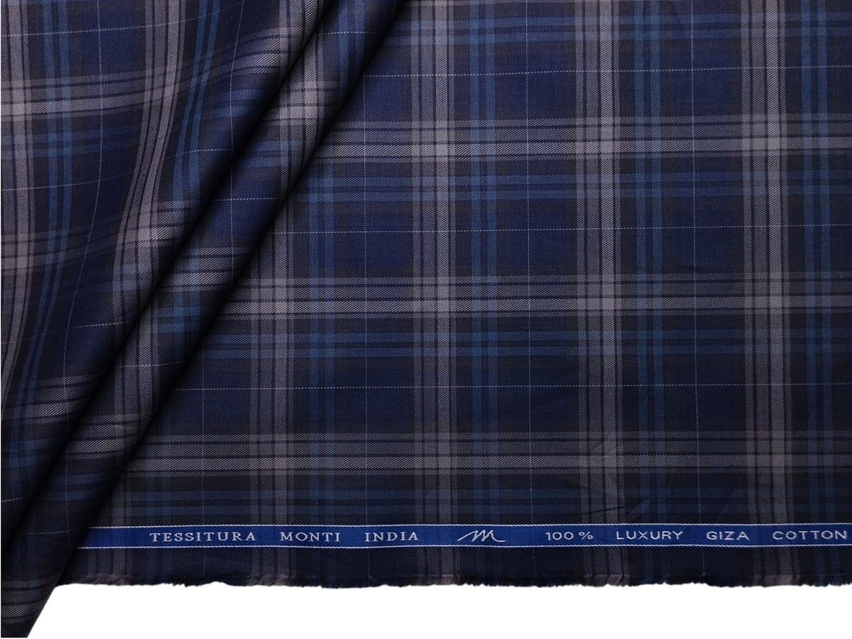 Tessitura Monti 100% Premium Giza Cotton Shirting Fabric (Dark Blue, Multichecks)