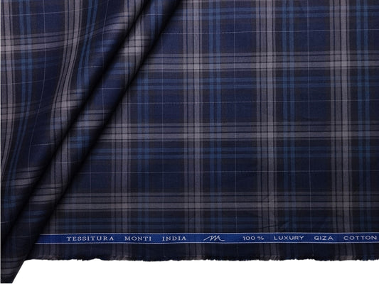 Tessitura Monti 100% Premium Giza Cotton Shirting Fabric (Dark Blue, Multichecks)
