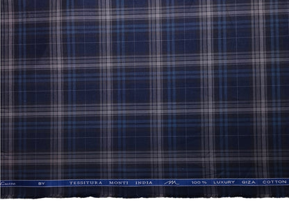 Tessitura Monti 100% Premium Giza Cotton Shirting Fabric (Dark Blue, Multichecks)
