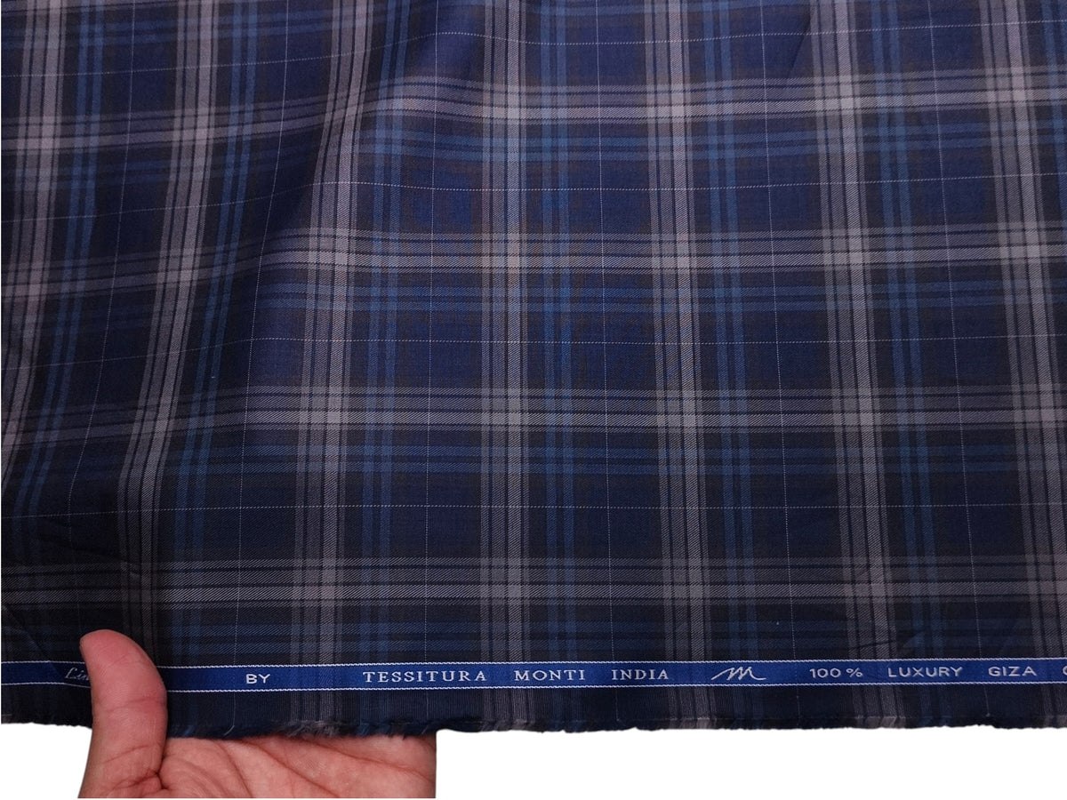Tessitura Monti 100% Premium Giza Cotton Shirting Fabric (Dark Blue, Multichecks)