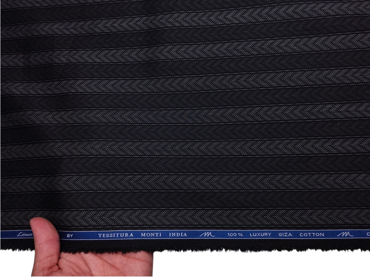 Tessitura Monti 100% Premium Giza Cotton Shirting Fabric (Black, Patterned Stripes)