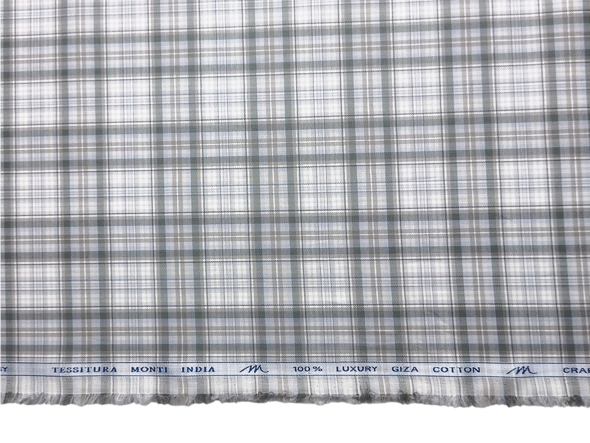 Tessitura Monti 100% Premium Giza Cotton Shirting Fabric (Grey & Green, Checks)
