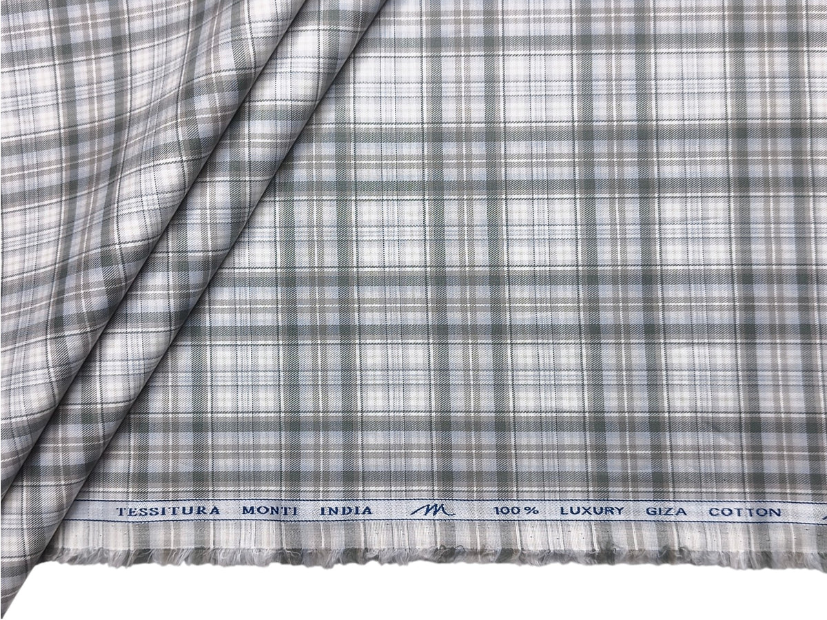 Tessitura Monti 100% Premium Giza Cotton Shirting Fabric (Grey & Green, Checks)