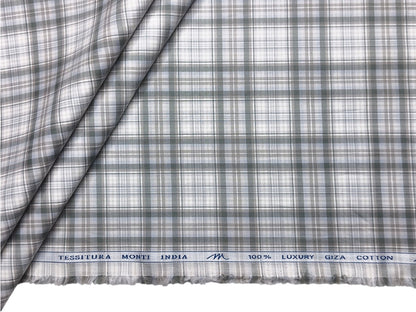 Tessitura Monti 100% Premium Giza Cotton Shirting Fabric (Grey & Green, Checks)
