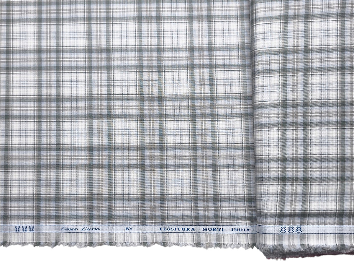 Tessitura Monti 100% Premium Giza Cotton Shirting Fabric (Grey & Green, Checks)