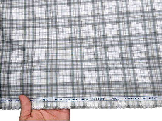 Tessitura Monti 100% Premium Giza Cotton Shirting Fabric (Grey & Green, Checks)