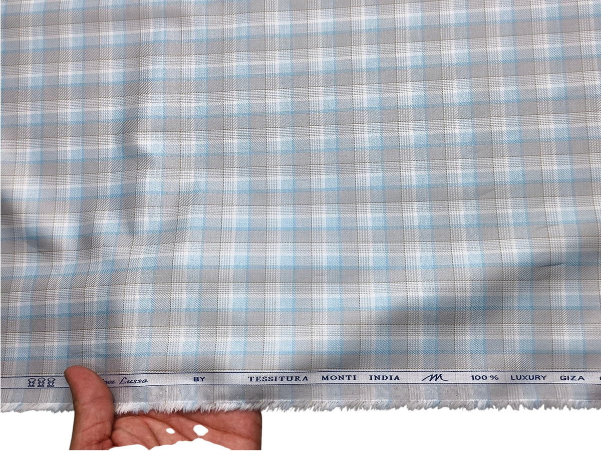 Tessitura Monti 100% Premium Giza Cotton Shirting Fabric (Aqua & Grey, Checks)
