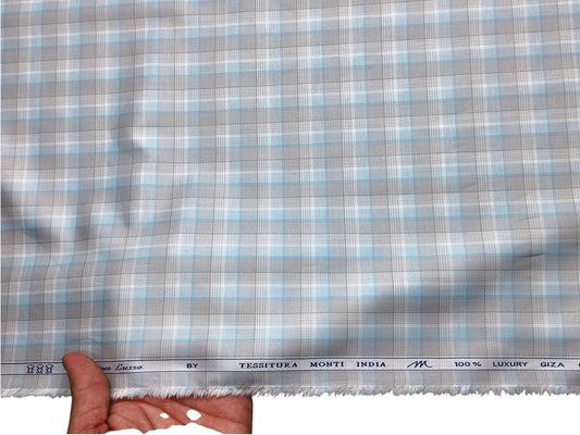 Tessitura Monti 100% Premium Giza Cotton Shirting Fabric (Aqua & Grey, Checks)