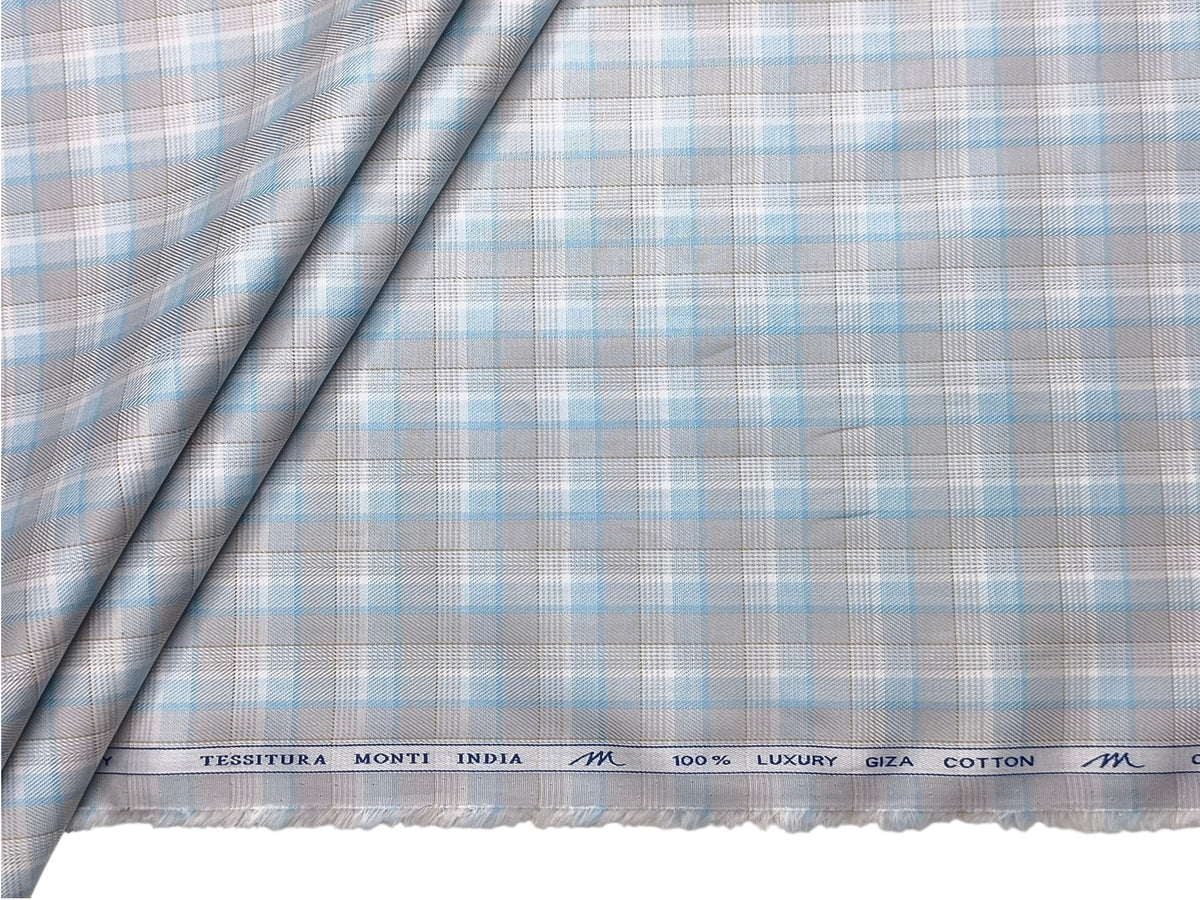Tessitura Monti 100% Premium Giza Cotton Shirting Fabric (Aqua & Grey, Checks)
