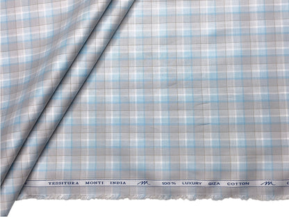 Tessitura Monti 100% Premium Giza Cotton Shirting Fabric (Aqua & Grey, Checks)