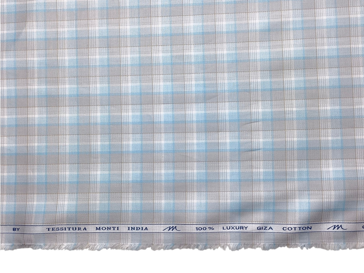 Tessitura Monti 100% Premium Giza Cotton Shirting Fabric (Aqua & Grey, Checks)