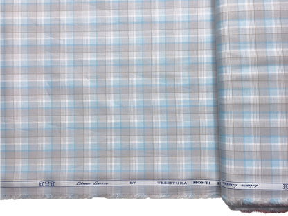 Tessitura Monti 100% Premium Giza Cotton Shirting Fabric (Aqua & Grey, Checks)