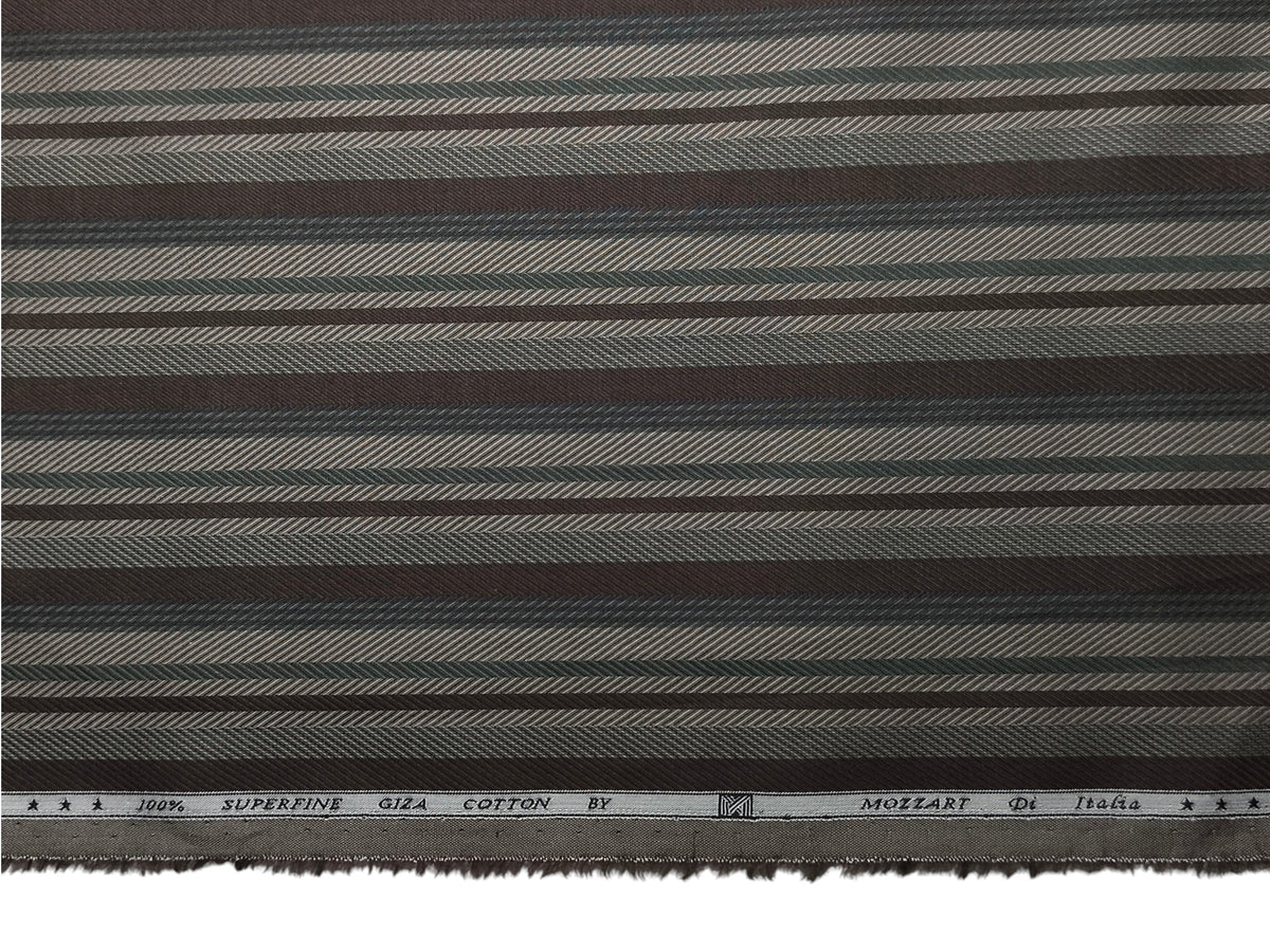 Mozzart Di Italia 100% Superfine Giza Cotton Shirting Fabric (Dark Brown & Olive, Patterned Multistripes)