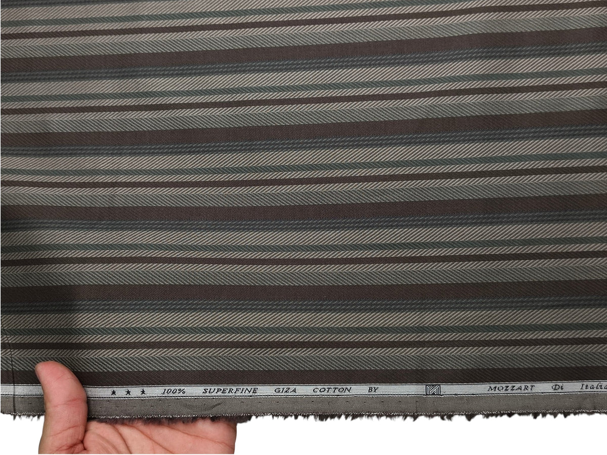 Mozzart Di Italia 100% Superfine Giza Cotton Shirting Fabric (Dark Brown & Olive, Patterned Multistripes)