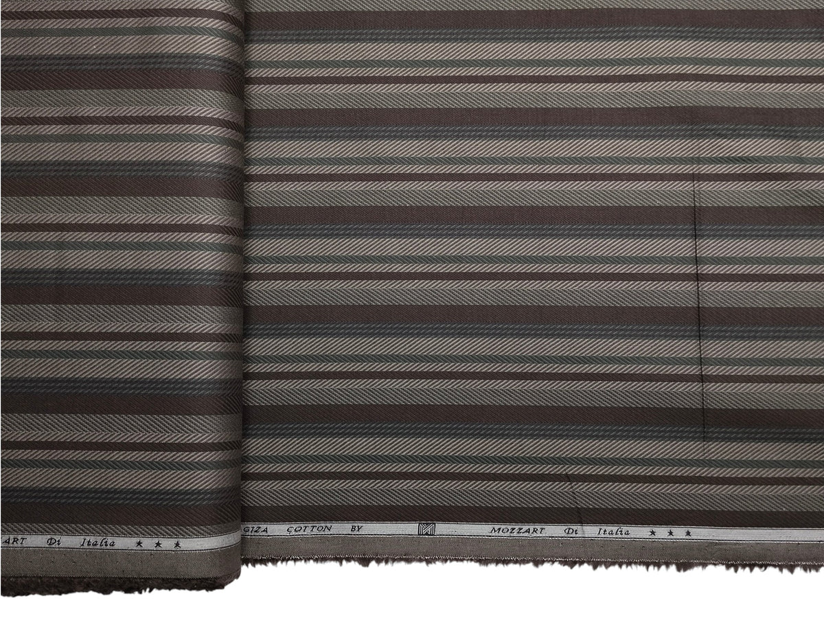 Mozzart Di Italia 100% Superfine Giza Cotton Shirting Fabric (Dark Brown & Olive, Patterned Multistripes)