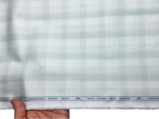 Tessitura Monti 100% Premium Giza Cotton Shirting Fabric (Light Green, Patterned Checks)