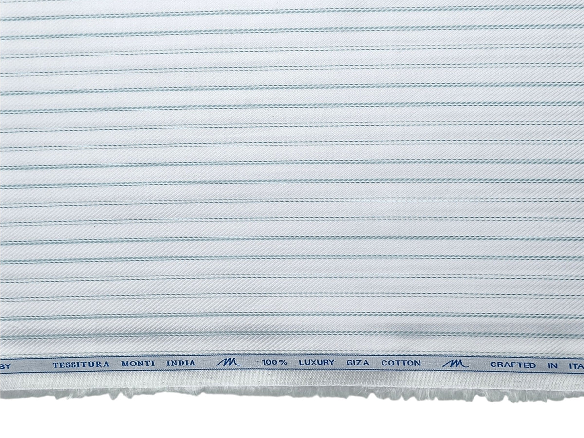 Tessitura Monti 100% Premium Giza Cotton Shirting Fabric (White & Blue, Patterned Stripes)