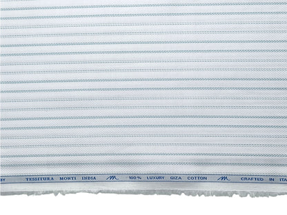 Tessitura Monti 100% Premium Giza Cotton Shirting Fabric (White & Blue, Patterned Stripes)