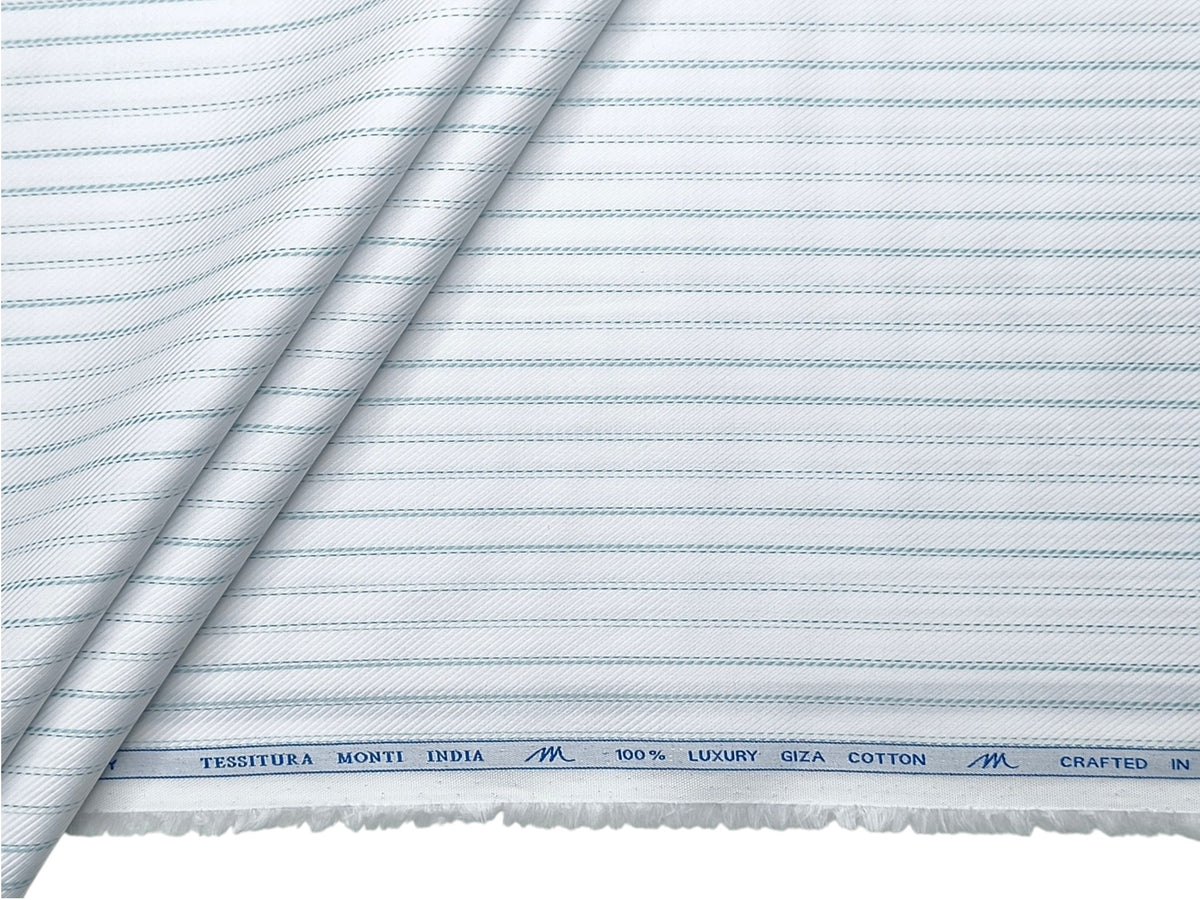 Tessitura Monti 100% Premium Giza Cotton Shirting Fabric (White & Blue, Patterned Stripes)
