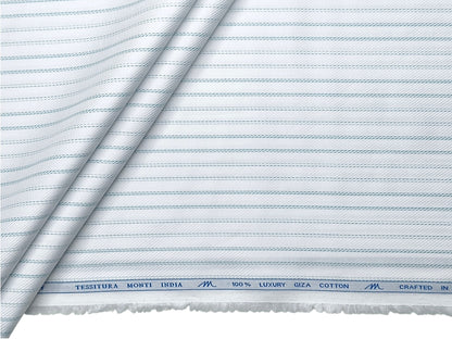 Tessitura Monti 100% Premium Giza Cotton Shirting Fabric (White & Blue, Patterned Stripes)
